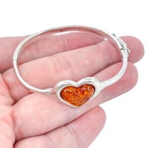 Vintage Sterling Silver 925 Amber Heart Bangle Bracelet 6.5”